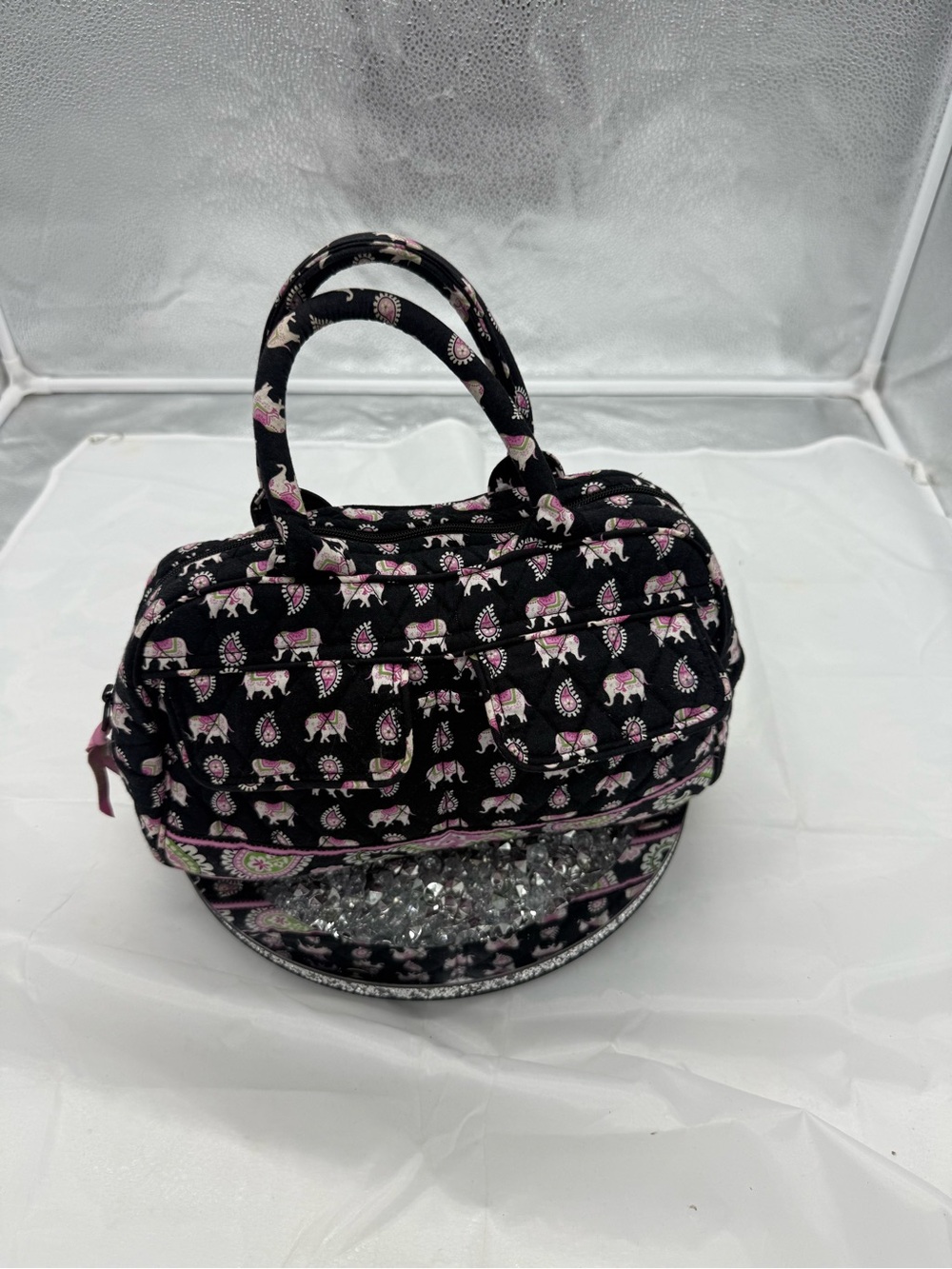 Vera Bradley Black Quilted Cosmetic Case with Pink Elephant Print retired 2007